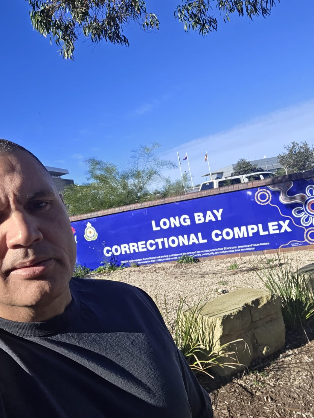 Jamie at the entrance to Long Bay Correctional Complex